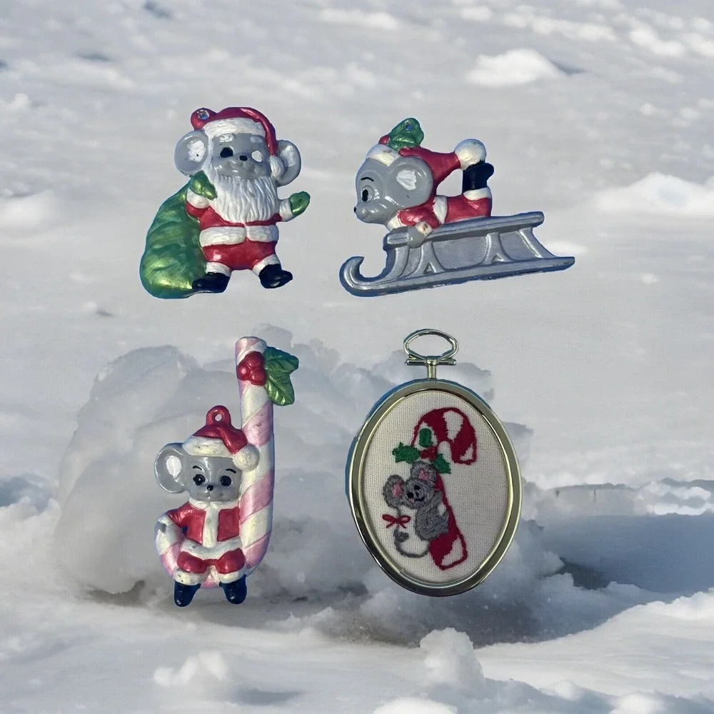 Vintage Christmas Mouse Mice Ceramic Ornaments Hand Painted Lot of 4 Collectible